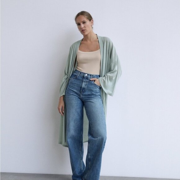 NWT Zara Grey Blue Duster Long Linen Blend Cardigan 2142/044/400 sz Large - Picture 1 of 14